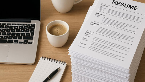 A tall pile of printed resumes next to a laptop