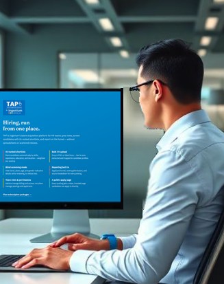 A recruiter at his desk with TAP by Ingenium open on his monitor